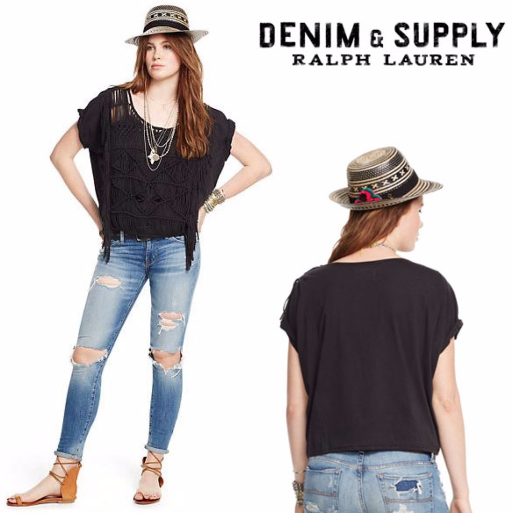 New! Fringed Macrame Jersey Top Denim & Supply